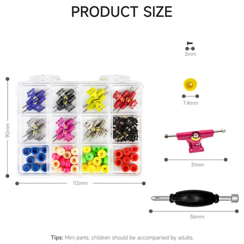 Image shows a Fingerboard Hardware Kit With 14 Multicolor Trucks, 48 Wheels, 60 Screws, 30 Nuts And 4 Spanner Tools, product size shown.
