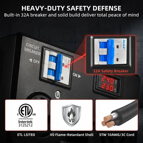Nema 10-30 EV Charging Switch, Manual Splitter For Dryer Outlets, 240V 24A Max Draw with 32A safety breaker and LCD monitor.