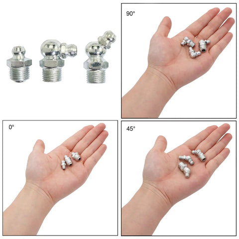 Metric Hydraulic Zerk Grease Fitting Assortment Kit 160 Piece With M6 M8 M10 Straight 45 Degree 90 Degree Angled Fittings in hand