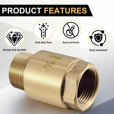 Brass 3/4-inch inline check valve, NPT male inlet and FNPT outlet.