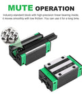 Two HGR20 200mm Linear Guide Rails With Four HGH20CA Carriage Blocks featuring mute chrome plated bearings.