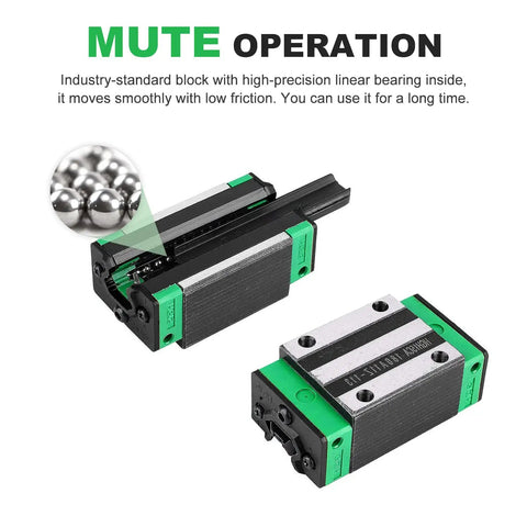 Two HGR20 200mm Linear Guide Rails With Four HGH20CA Carriage Blocks featuring mute chrome plated bearings.