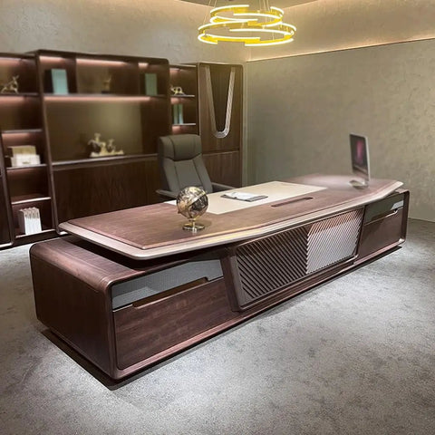 Heavy Duty Black Walnut Boss Desk with Spacious Surface for Deep Focus Work and Weekend Craft Projects.