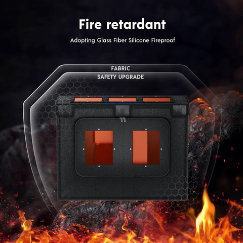 Heavy-Duty Laser Engraver Enclosure With Exhaust Vent And Smoke Odor Shield For Most Laser Engraving Machines, sized 28.8x15x21.6 In, with flame-retardant glass fiber cloth displayed with text "Fire retardant."