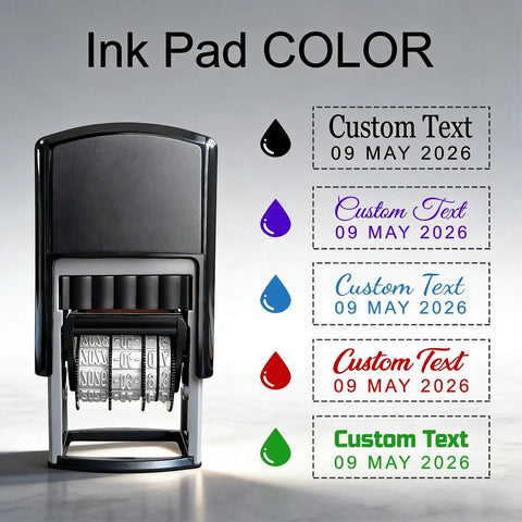 Custom Self Inking Date Stamp For Zero Stress Daily Paperwork And Swift Sign Offs personalized ink pad sample with various colors.
