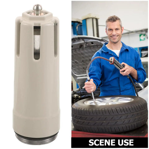 Heavy Duty Tire Changer Regulator Cup Replacement Air Filter Water Cup next to technician using tire equipment