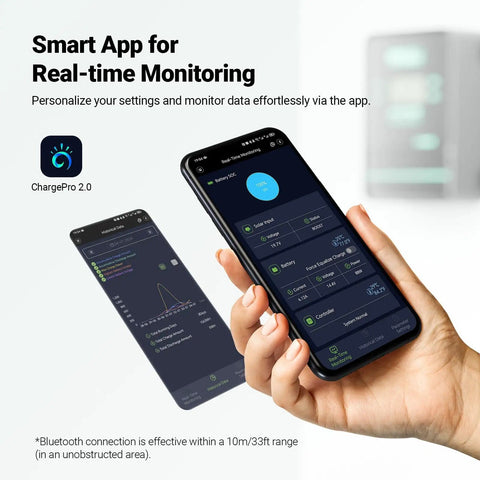 Smartphone displaying Bluetooth app for 100 Amp MPPT Solar Charge Controller for 12V to 48V Systems