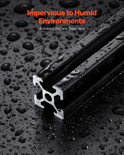 Close-up of a black anodized T-slot Dope 2020 Aluminum Extrusion Rail, highlighting moisture resistance on a wet surface.