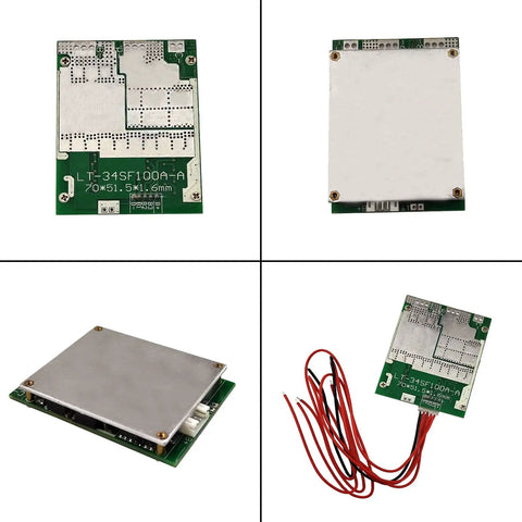 Beefy 4S 100A 12V BMS Protection Board With Smooth Cell Balancing For LiFePO4 Battery Banks, showing different angles and wiring.