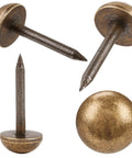 Top Shelf Solid Brass Antique Upholstery Tacks With Realistic Bronze Hue Heavy Duty Furniture And Carpet Thumb Tacks Half Inch showing detailed cap and point.