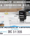 Pro Level Self Inking Date Stamp With Built In Black Ink Reservoir And Quick Twirl 12 Year Calendar Knob on desk showing dimensions.