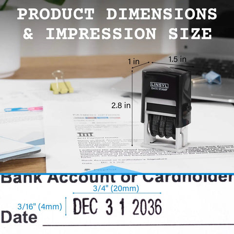 Pro Level Self Inking Date Stamp With Built In Black Ink Reservoir And Quick Twirl 12 Year Calendar Knob on desk showing dimensions.