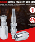 Front view of 5-piece reusable hydraulic hose field repair kit with chrome fittings for 1/4, 3/8, and 1/2 in hoses
