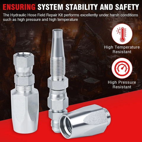 Front view of 5-piece reusable hydraulic hose field repair kit with chrome fittings for 1/4, 3/8, and 1/2 in hoses
