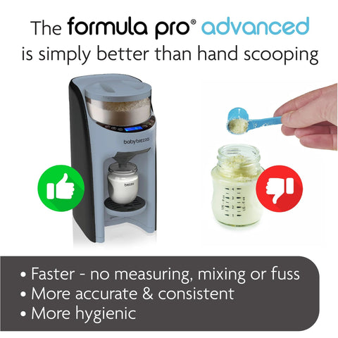 Baby Brezza Formula Pro Advanced automatic baby formula dispenser, slate color, front view with cup under spout.