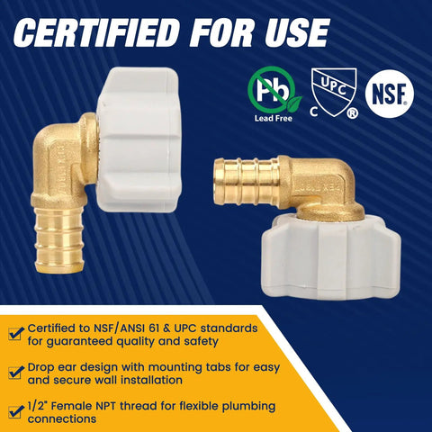 Ten Piece PEX Fittings Kit One Half Inch Female NPT Swivel Adapters, Ninety Degree Elbows, Barbed Crimp, Lead Free Brass, ASTM F1807 And NSF Certified, Leak-Proof Design For PEX Tubing, certified fittings
