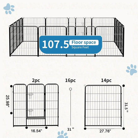Heavy Duty Dog Playpen 32 Inch Indoor Outdoor With 16 Panels, Portable Metal Exercise Pen With Door, foldable design diagram