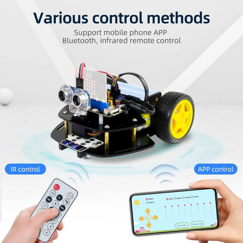Microbit 2WD Robot Car Kit For Microbit V2 And V15 With Ultrasonic Sensor And MakeCode Graphical Coding DIY Programmable STEM Car For Teens And Adults For STEM Projects, app and IR control