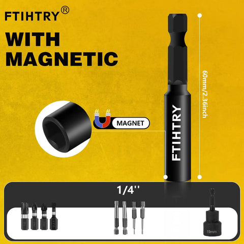 Front view of Magnetic Extension Socket Drill Bit Holder Set With 60mm 100mm And 150mm Extensions Nine Piece Quick Change Hex Shank Screwdriver Extensions Pro Grade Chrome Vanadium Steel Construction