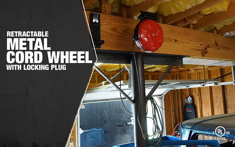 Medium Duty Retractable Extension Cord Reel With 30 Foot 14 3 SJTW Cord Grounded Tri Tap Heavy Duty Steel Reel Wall Or Ceiling Mount Ready Includes Hardware UL Listed Red And Black Must Have Garage Or Workshop Cable Organizer mounted on wooden beam.