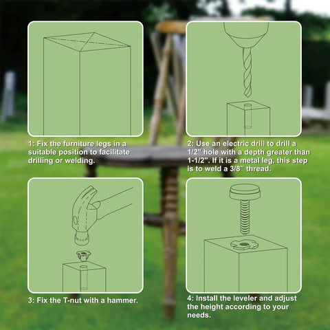 Installation guide for 3/8-16 Threaded Leveling Feet For Heavy Duty Tables And Furniture, showing screw-in leg leveler on a wooden table.