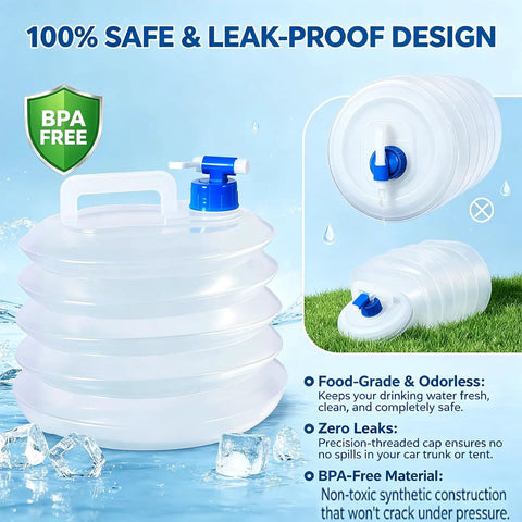 Portable Collapsible Water Container With Spigot For Camping And Road Trips, BPA-free, showing leakproof design on grass and ice
