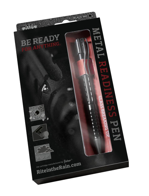 All Weather Readiness Metal Tactical Pen With Bolt Action Clicker Glass Breaker Tip Heavy Duty Aluminum Body Black Ink in packaging