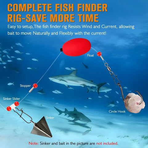 Fish Finder Surf Rig With Float 20.5 Inch 90 Lb Tackle For Shark Bluefish Striper Stripers Six Piece Eight O Hooks setup illustration.