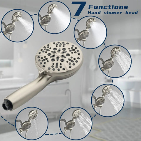 High Pressure Dual Shower System With Handheld And Fixed Heads 2 In 1 Shower Combo 7 functions brushed nickel close-up