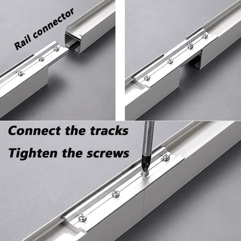 Heavy Duty Wall Mounted Double Sliding Barn Door Hardware Kit showing rail connector assembly and installation guide.