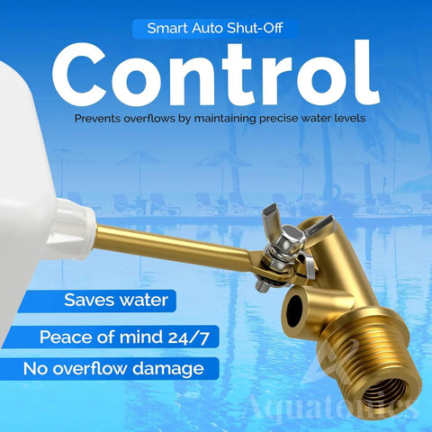 Three Eighths Inch Water Float Valve With Brass Body, Heavy Duty 125 PSI Water Level Controller, Easy Wingnut Adjustment, Adjustable Flow At 2.25 GPM, Ideal For In Ground Pools And Auto Fill Systems. Brass float valve on pool tank
