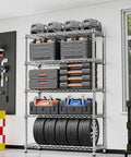 Five Tier Heavy Duty Wire Shelving Unit Adjustable Metal Storage Rack Tough As Nails Handles with tool storage and tires in garage.