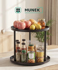 9 Inch Rotating Lazy Susan Organizer Two Tier Metal Spice Rack For Tabletop Pantry Bathroom Vanity Storage Black Rust Resistant Metal Construction Smooth Finish Sturdy Steel Frame Easy Glide Rotation holding spices and fruits.