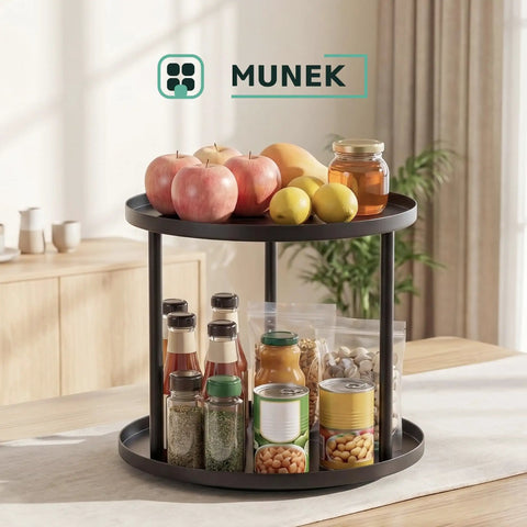 9 Inch Rotating Lazy Susan Organizer Two Tier Metal Spice Rack For Tabletop Pantry Bathroom Vanity Storage Black Rust Resistant Metal Construction Smooth Finish Sturdy Steel Frame Easy Glide Rotation holding spices and fruits.