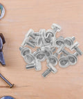 Adjustable Screw On Furniture Leveling Feet 20 Pack With Non Slip PVC Pads For Desk, Table, Chair And Cabinet Legs, Silver Finish, Smooth Surface, packed on wood