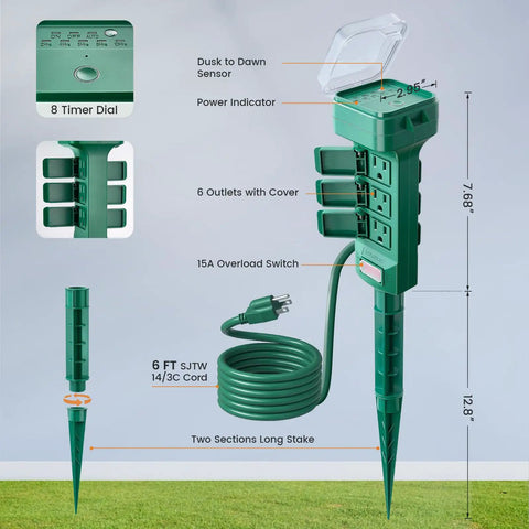 Rock Solid Outdoor Lighting Timer Featuring Dusk To Dawn Photocell Sensor With Six Weatherproof Outlets For String Lights, 6ft cable, and stake.
