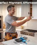 Person using Three In One Cabinet Hardware Jig Made From Aluminum Alloy For 35mm Concealed Hinges With 5mm And One Quarter Inch Shelf Pin Holes