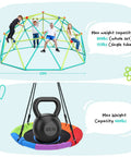 Climbing Dome Swing Set With Saucer Swing For Kids Outdoor Backyard Playground 800 Pound Capacity Rust Resistant Easy Assembly Jungle Gym For Ages 3 8 12 Kid Tested Family Fun, shown with dimensions and kids playing.