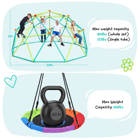 Climbing Dome Swing Set With Saucer Swing For Kids Outdoor Backyard Playground 800 Pound Capacity Rust Resistant Easy Assembly Jungle Gym For Ages 3 8 12 Kid Tested Family Fun, shown with dimensions and kids playing.