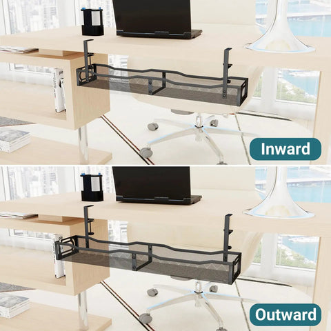Under Desk Cable Management Tray With Clamp No Drill Installation 25.3 Inch Large Capacity Metal Cord Organizer in use