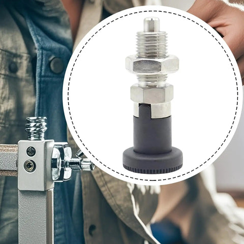 Top Shelf Stainless Steel Indexing Plunger With Easy Grab Nylon Handle And No Hassle Self Locking Design For Quick Workshop Clamping and Heavy Duty Fabrication Work, detailed view.