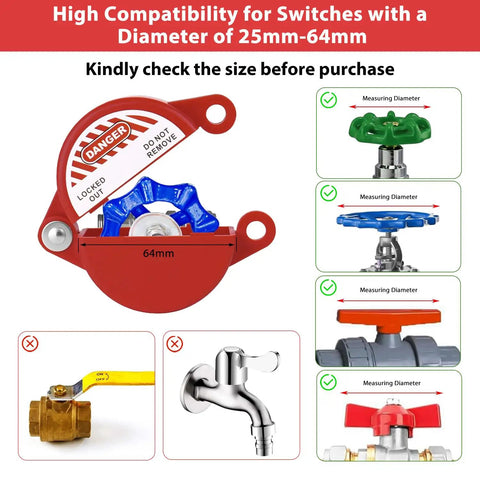 Compatibility guide for the 2 Pack Gate Valve Lockout For 1 To 2.5 Inch Handles Outdoor Faucet Lock Hose Bib Lock For Water Spigot Prevent Accidental Turn On During Maintenance Fits Propane Natural Gas Petroleum And Chemical Industry Red