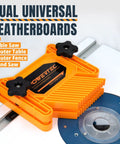 Feather Board Set For Table Saw, Router Table, And Bandsaw, 4 Piece Combo Kit With T-Track; orange featherboard on table.