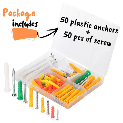Open kit showing 50 plastic wall anchors and 50 metal screws for drywall, labeled compartments in clear organizer box