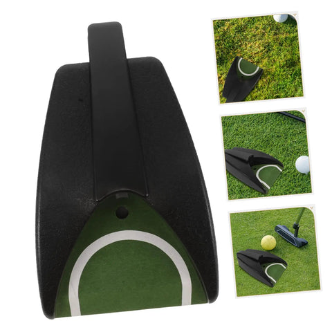 Automatic Golf Putting Cup Return System with green cup and ball retriever, showing use on various grass surfaces