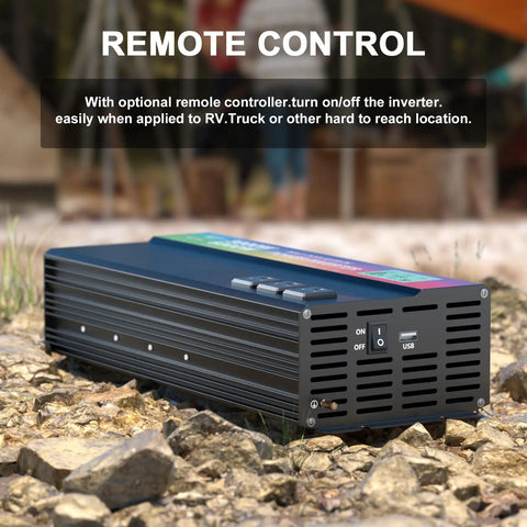 Beast Mode 3000W Power Inverter on rocky ground with remote control, designed for RV camping and blackout backups.