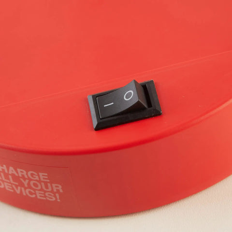 Close-up of the switch on the Spiderman Switch Operated LED Desk Lamp with USB Charging Outlet for Kids, showcasing the on/off button on a red base.