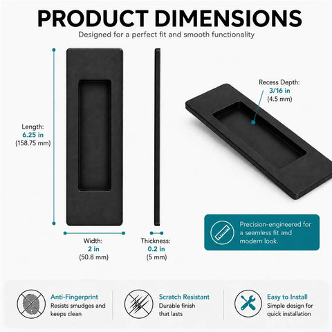 2 Pack Matte Black Flush Door Handle Set For Sliding Barn Doors Closets And Pocket Doors Heavy Duty Steel Recessed Pull With Screws Finger Pull Hardware For No Sweat Easy Access, 6.25 in dimensions