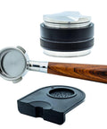 Bottomless 54mm Portafilter Kit With 53mm Distributor And Tamper For Breville Barista Express Pro Touch And Other Breville Models Includes Tamp Mat And Bonus Filter Basket To Level Up Espresso Shots And Consistency, stylistic handle and tamp mat displayed
