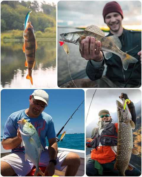 Anglers showcasing fish caught using Ultimate 380 Pcs Fishing Lures Kit For Bass, Trout, And Salmon, Pro Grade Crankbaits, Jigs, Plugs